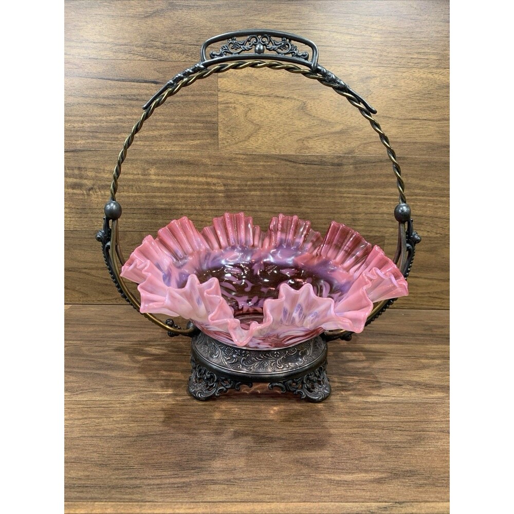 Vintage Norwood Art Glass Bride’s Basket Bowl Cranberry Spanish Lace w/ Stand